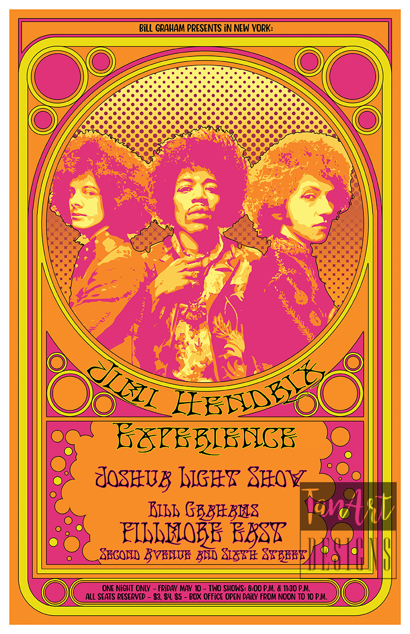 Jimi Hendrix "Live at the Fillmore Concert" 1968 Vintage Poster